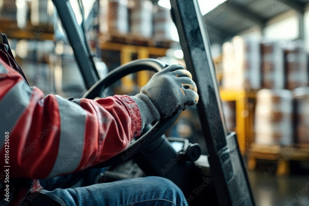 A vigilant worker clad in red steers a forklift in a bustling warehouse setting, operating with focus and dexterity amidst rows of stored goods and products. A vigilant worker clad in red steers a forklift in a bustling warehouse setting, operating with focus and dexterity amidst rows of stored goods and products.