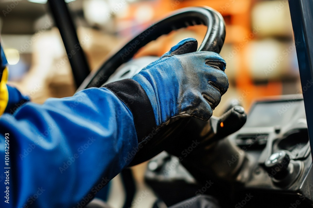 In a dynamic warehouse environment, a worker in blue attire expertly navigates a forklift, showcasing confidence and mastery in logistical operations and transport. In a dynamic warehouse environment, a worker in blue attire expertly navigates a forklift, showcasing confidence and mastery in logistical operations and transport.