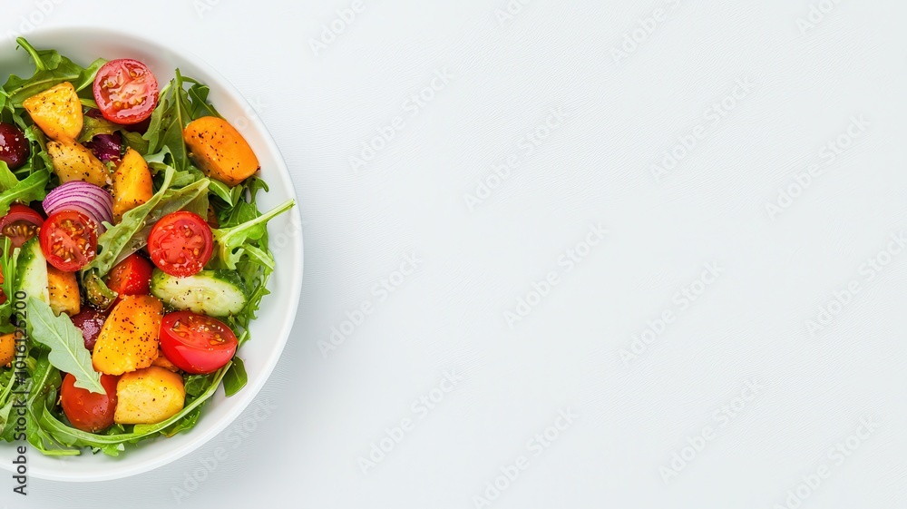 A vibrant salad presented in a sleek white bowl, showcasing a colorful mix of fresh vegetables, greens, and toppings. A vibrant salad presented in a sleek white bowl, showcasing a colorful mix of fresh vegetables, greens, and toppings.