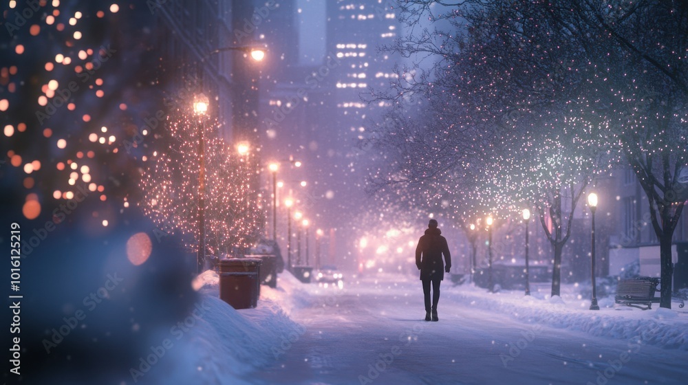A person taking a morning walk along a snowy city street, with holiday lights twinkling and the smell of fresh snow in the air A person taking a morning walk along a snowy city street, with holiday lights twinkling and the smell of fresh snow in the air