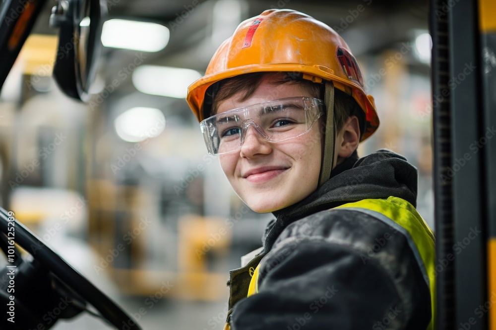 A young worker is seen smiling while maneuvering a forklift in a bustling space, highlighting the interplay of youth and professionalism in an active environment. A young worker is seen smiling while maneuvering a forklift in a bustling space, highlighting the interplay of youth and professionalism in an active environment.