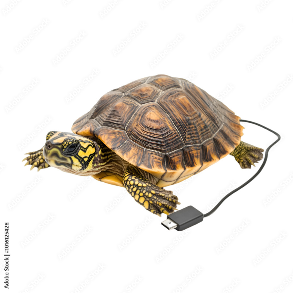 Obraz premium Turtle with USB cable, white isolate background transparent background