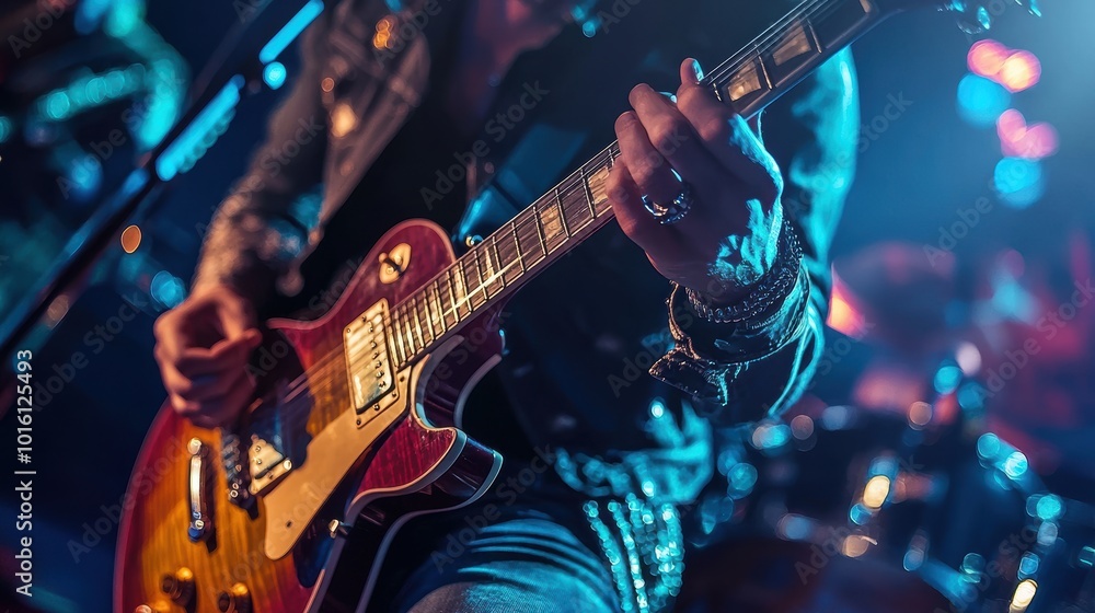 Naklejka premium Close-Up of Musician Playing Guitar Live on Stage