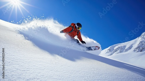 Snowboarder carving through fresh powder in the backcountry, snow flying off the board under a bright blue sky dynamic winter sports capture.