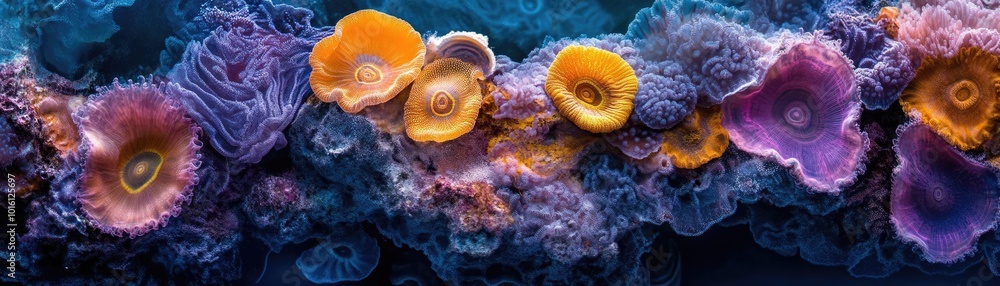 Close-up shot of vibrant underwater coral reef merging with gourmet dish, aerial view of a culinary masterpiece, surreal colors and textures Close-up shot of vibrant underwater coral reef merging with gourmet dish, aerial view of a culinary masterpiece, surreal colors and textures