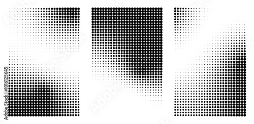 Set of Abstract halftone dotted background. Collection of pointillism gradient pattern in dotwork style. Dotted set of shapes, stipple elements. rain noise halftone objects. Vector template