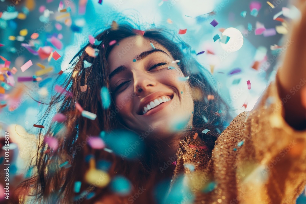 A smiling woman rejoices as colorful confetti rains around her, representing joy, celebration, and freedom in a lively, vibrant setting. A smiling woman rejoices as colorful confetti rains around her, representing joy, celebration, and freedom in a lively, vibrant setting.