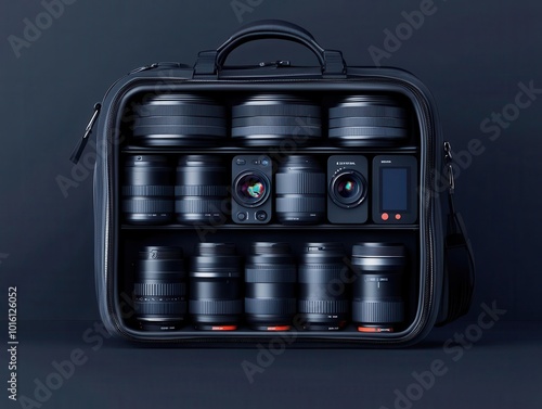 Camera bag filled with lenses, filters, and memory cards, organized filmmaker s gear, 3D illustration photo