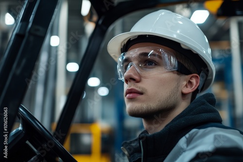 The image captures a focused young male forklift operator wearing a white safety helmet and goggles in an industrial environment, emphasizing safety and concentration. photo