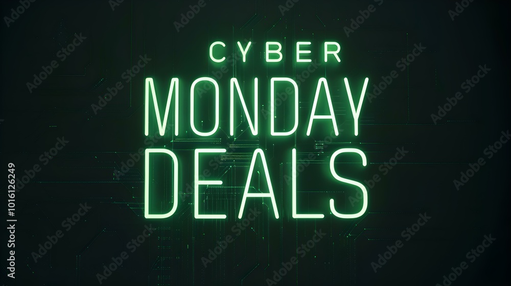 Light Green 'CYBER MONDAY DEALS' Neon Sign on an elegant Dark Background Light Green 'CYBER MONDAY DEALS' Neon Sign on an elegant Dark Background