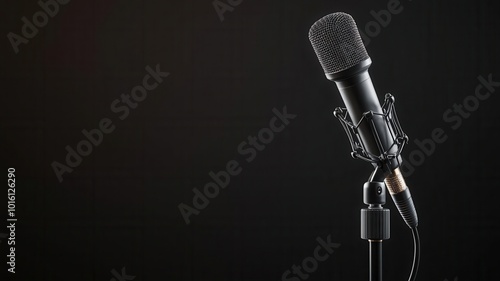 Microphone boom pole with a mounted shotgun mic, audio recording setup, 3D illustration photo