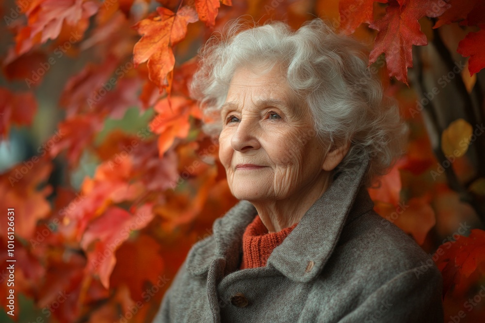 An elderly woman with curly hair stands surrounded by vibrant autumn leaves, looking thoughtfully into the distance, capturing a moment of serene introspection. An elderly woman with curly hair stands surrounded by vibrant autumn leaves, looking thoughtfully into the distance, capturing a moment of serene introspection.