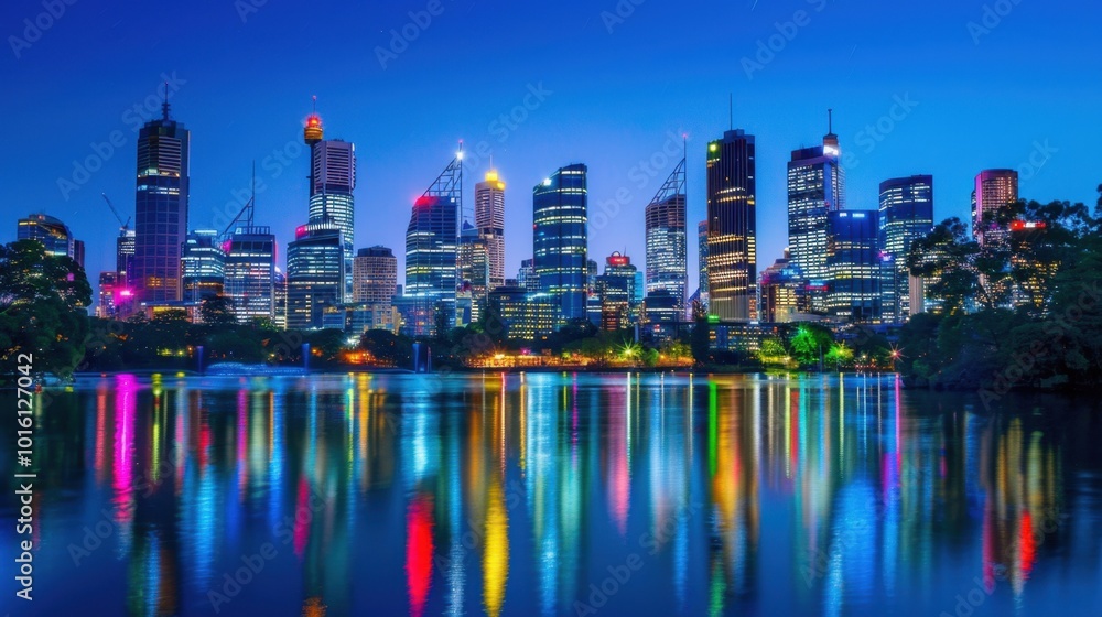 Fototapeta premium Vibrant City Skyline at Night with Reflections