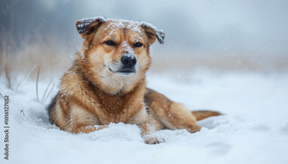 A dog resting in a snowy landscape, showcasing the beauty of winter and the serenity of nature. A dog resting in a snowy landscape, showcasing the beauty of winter and the serenity of nature.