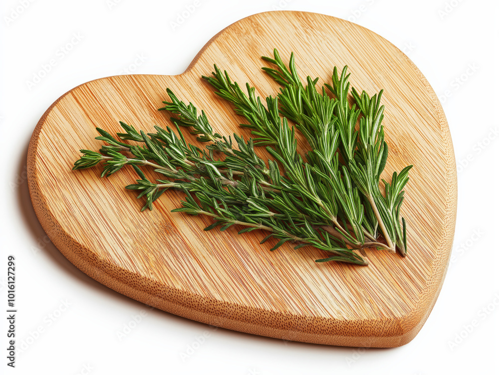 Heart-shaped wooden cutting board with fresh rosemary sprigs for culinary and kitchen designs Heart-shaped wooden cutting board with fresh rosemary sprigs for culinary and kitchen designs