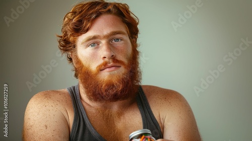 red haired caucasian overweight man wearing undersized tank top looking