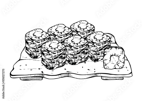 Japanese food maki sushi roll set on ceramic plate with raw fish salmon unagi tuna crab cucumber kappa wasabi, hand drawn in vector pen and ink. Illustration for restaurant, cafe menu, recipe book