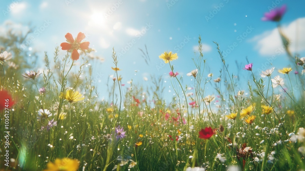 A sun-dappled meadow with tall grasses swaying in the breeze, wildflowers blooming in vibrant colors under a clear blue sky. A sun-dappled meadow with tall grasses swaying in the breeze, wildflowers blooming in vibrant colors under a clear blue sky.