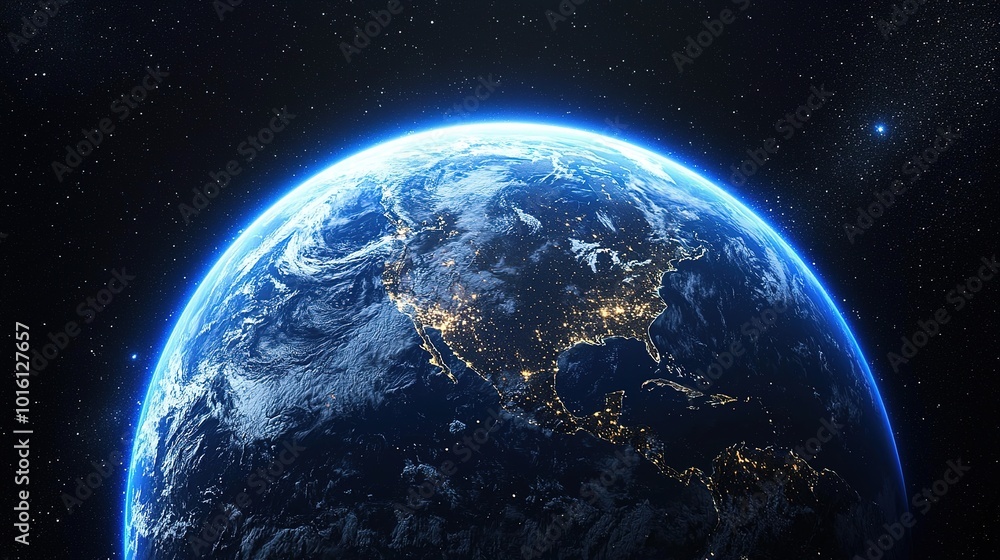 A stunning view of Earth from space, showcasing glowing cities and a captivating blue atmosphere against a backdrop of stars. A stunning view of Earth from space, showcasing glowing cities and a captivating blue atmosphere against a backdrop of stars.