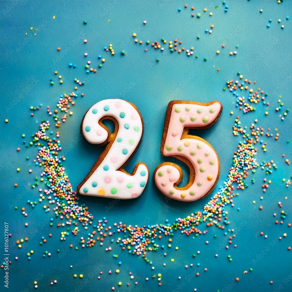 Decorated cookie, number 25, image for birthday or anniversary celebration Decorated cookie, number 25, image for birthday or anniversary celebration