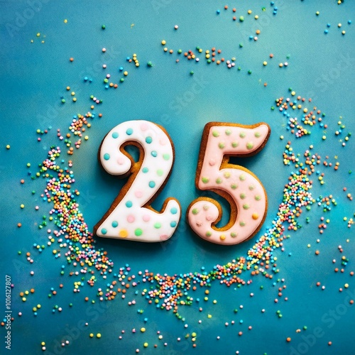 Decorated cookie, number 25, image for birthday or anniversary celebration photo