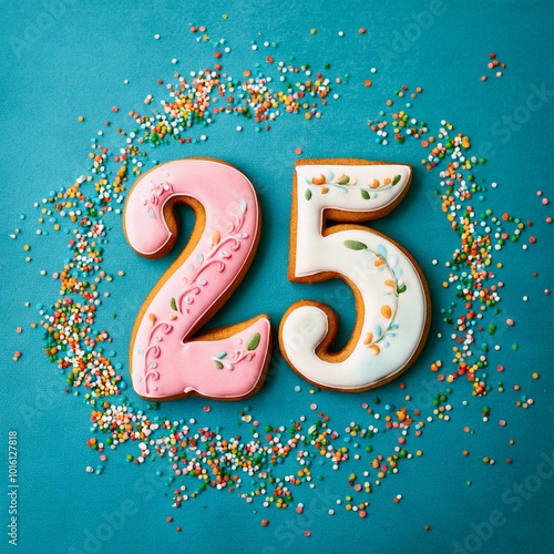 Decorated cookie, number 25, image for birthday or anniversary celebration photo