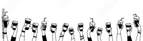 Doodle hands up with coffee. Crowd of people, men and children holding disposable glass and paper cups, mugs, cappuccino, latte, Frappuccino, espresso, matcha in their arms. Teamwork background