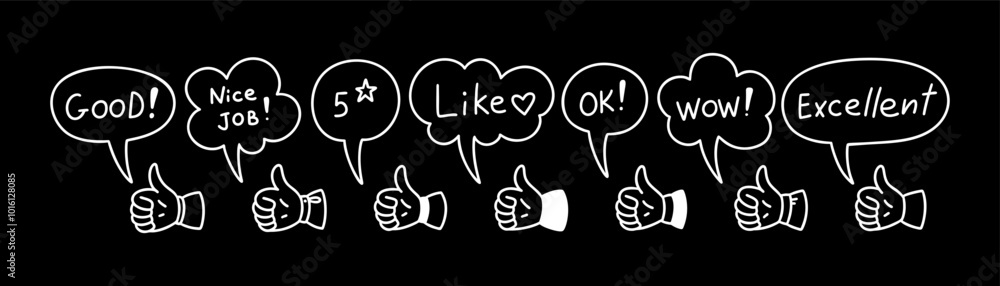 Fototapeta premium Thumb up doodle blackboard. Crayon scribble. Restaurant, cafe menu and chalkboard design element. Comic speech bubble set. Positive feedback. Like symbol