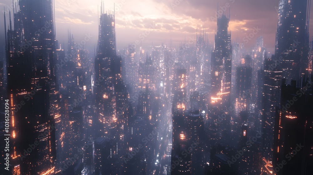 Fototapeta premium Futuristic cityscape with towering structures and glowing lights.