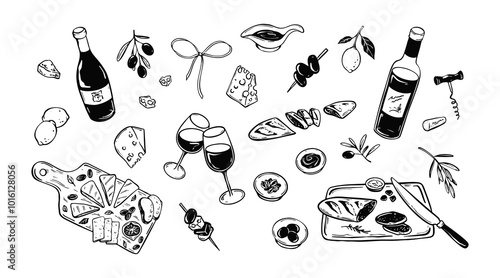 Summer picnic food and wine vector illustrations set. Pizza, cheese plate, baguette, alcohol glass and bottle vintage minimalist sketch. La Dole Vita. Charcoal scribble. Restaurant, cafe menu design