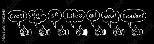 Thumb up doodle blackboard. Crayon scribble. Restaurant, cafe menu and chalkboard design element. Comic speech bubble set. Positive feedback. Like symbol