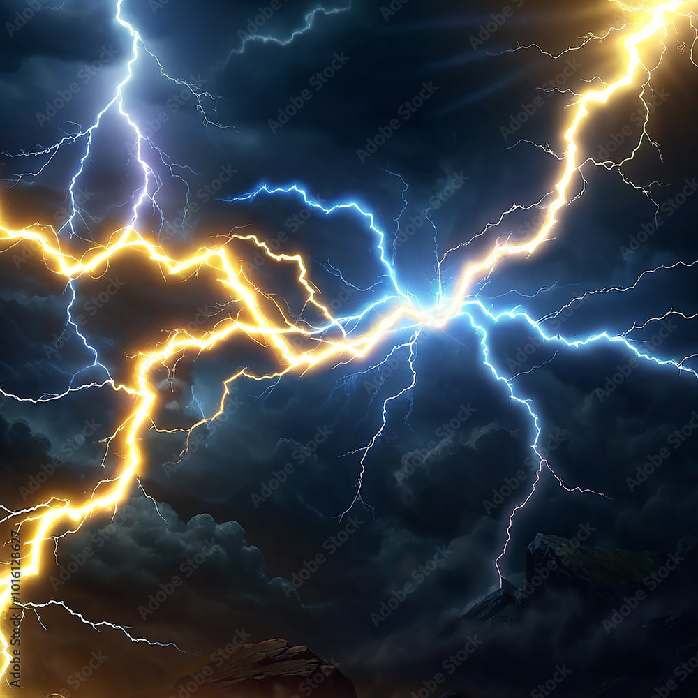 Dramatic lightning strikes illuminate a stormy sky. Dramatic lightning strikes illuminate a stormy sky.