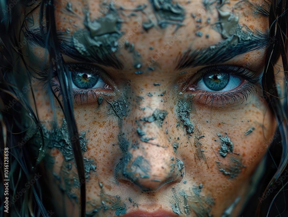 Intense Gaze: A Woman's Face Covered in Mud Intense Gaze: A Woman's Face Covered in Mud