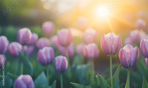 A bed of purple tulips in a garden, Generative AI