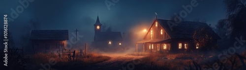 A serene night scene featuring a rustic house, soft lights, and mist, evoking a sense of calm and mystery.