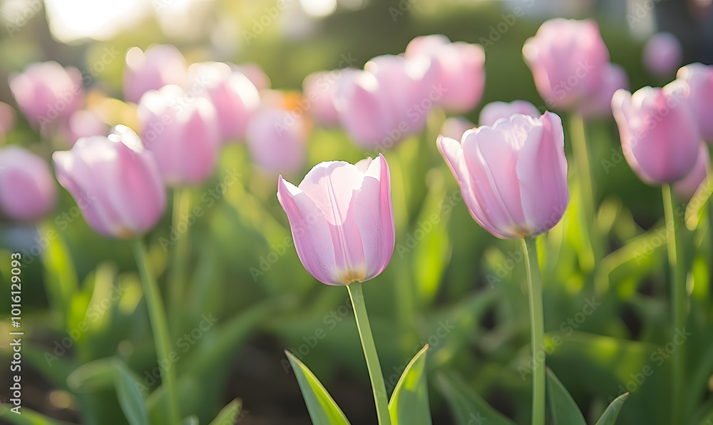 Fototapeta premium A bed of purple tulips in a garden, Generative AI