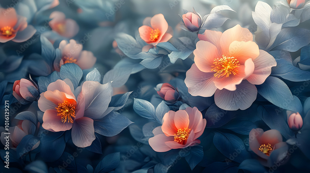 Floral Abstract Illustration with Pink Flowers and Blue Leaves Floral Abstract Illustration with Pink Flowers and Blue Leaves