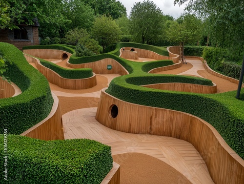 Maze playground with hedges, wooden walls, and puzzle-like paths for exploration, playground, maze playground photo