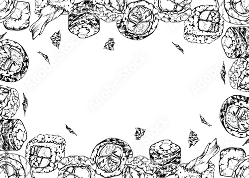 Traditional Japanese food, sushi rolls with raw fish salmon unagi tuna shrimp, california philadelphia alaska, hand drawn in vector pen and ink. Border frame for restaurant, cafe menu, recipe book