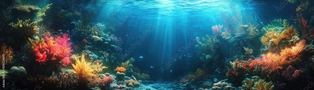 Fototapeta premium Frontal view of an enchanting underwater garden, where utopian structures bloom with glowing flora, captivating lights weave through the depths