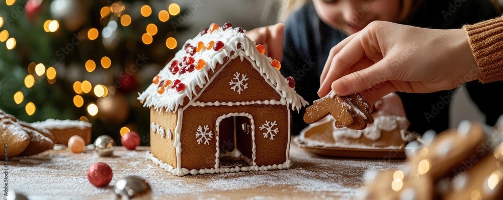 A festive scene of hands decorating a gingerbread house with colorful toppings during the holiday season, creating joyful memories. A festive scene of hands decorating a gingerbread house with colorful toppings during the holiday season, creating joyful memories.