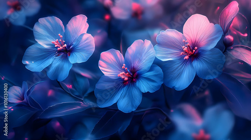 Blue and Pink Flowers in Bloom Abstract Illustration