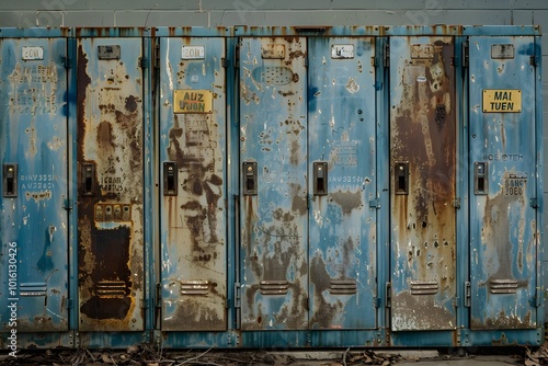 Old Rusted and Damaged Lockers in an Abandoned School Hallway Covered in Dirt and Grime