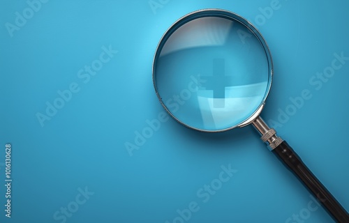 Dusty White Plus Sign Icon in Blue Background Magnifying Glass Medical Healthcare Banner 3D Illustration