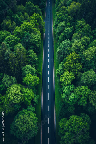 A long straight road in the middle of a forest