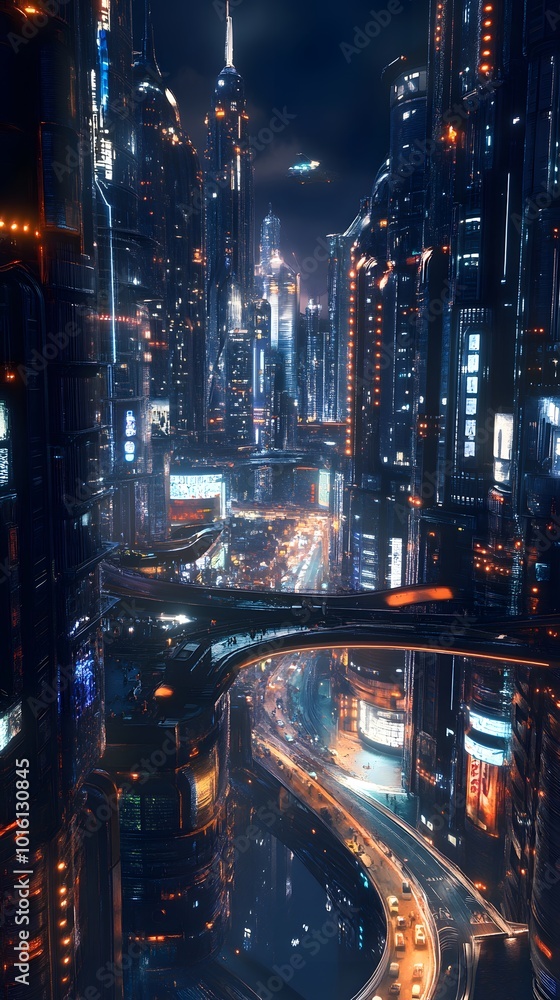 Fototapeta premium Futuristic cityscape with illuminated skyscrapers and highways.
