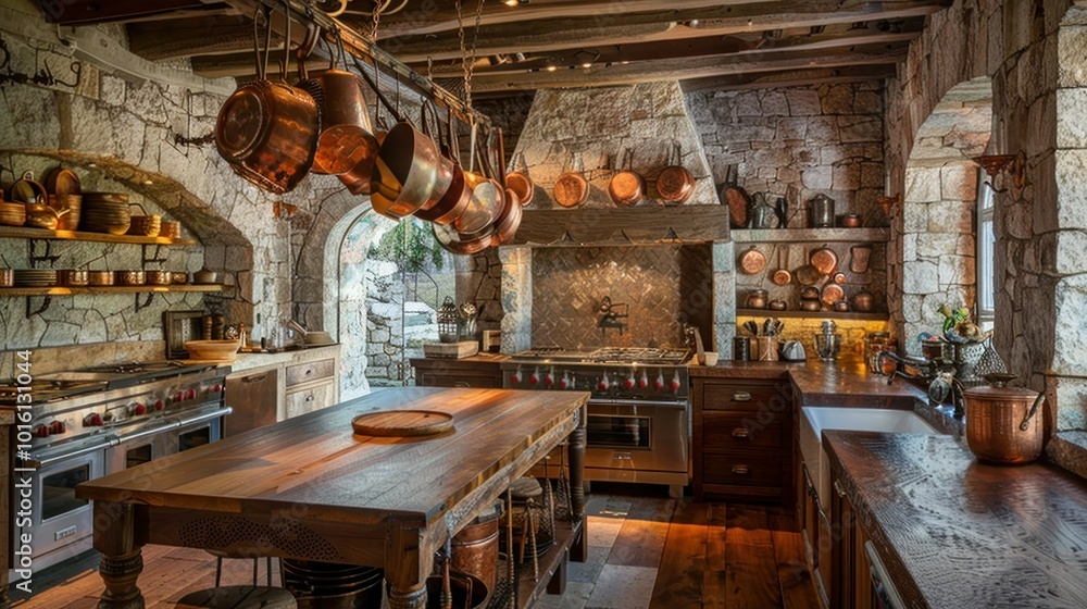 photograph of A rustic kitchen with stone walls, a large wooden island, and copper pots hanging from the ceiling, creating a warm and inviting atmosphere. photograph of A rustic kitchen with stone walls, a large wooden island, and copper pots hanging from the ceiling, creating a warm and inviting atmosphere.