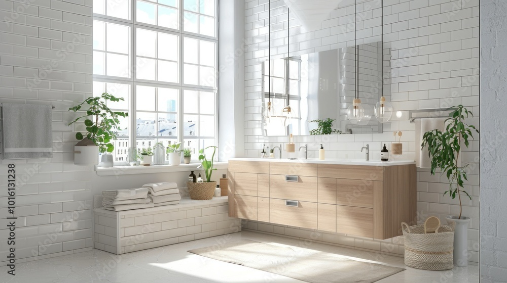 Scandinavian-style bathroom with light wood cabinets, white tiles, and large windows allowing natural light to flood the room. Scandinavian-style bathroom with light wood cabinets, white tiles, and large windows allowing natural light to flood the room.