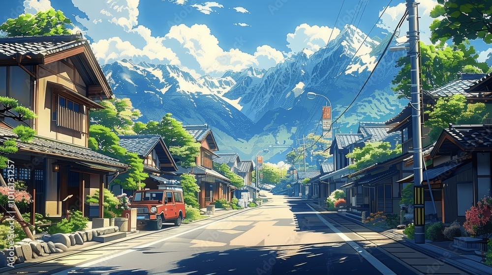 Fototapeta premium anime japanese street with houses and cars beautiful mountains landscape sunny day digital art cozy lofi asian architecture