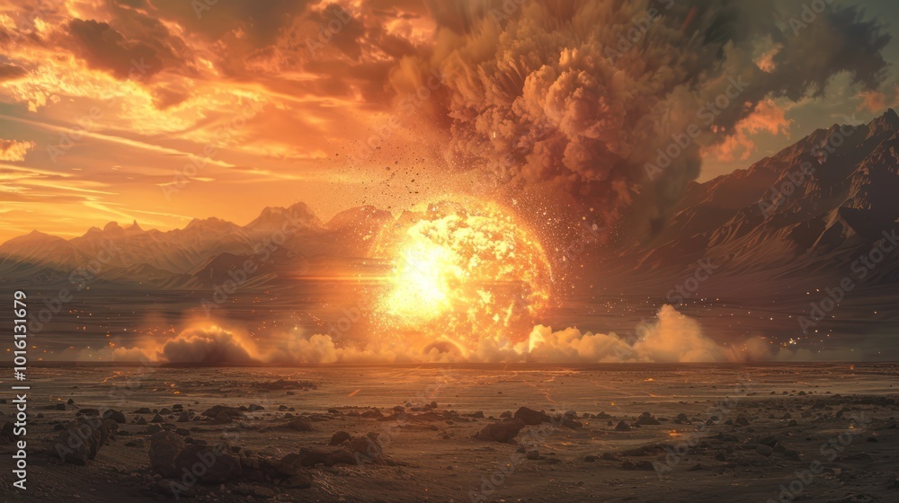 A fiery explosion in a desolate, rocky landscape with mountains and a cloudy sunset sky. A fiery explosion in a desolate, rocky landscape with mountains and a cloudy sunset sky.